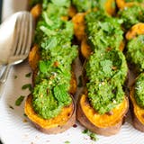 Rostad Sweet Potato Slices with Cilantro Pesto