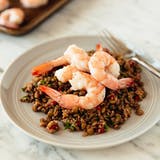 Varm Bulgur and Lentil Salad with Roasted Shrimp